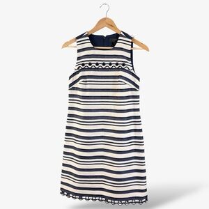 J. Crew Navy Ivory Stripe Shift Dress Size 2 Scallop Edge Eyelet Preppy Nautical
